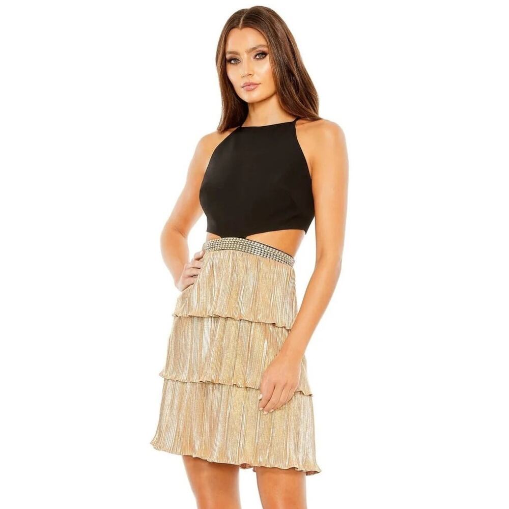 IEENA for Mac Duggal 26735 Dress Metallic Pleated Cutout Mini Black Gold NWT 0